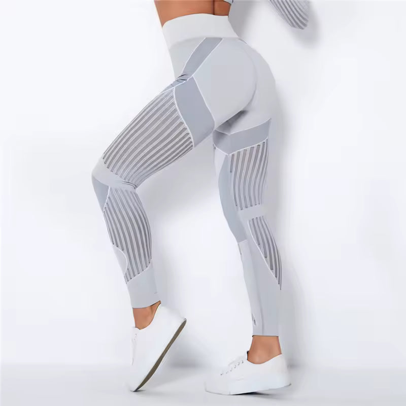 Trendy High Waist Stripe Seamless Elastic Tight Hollow Hip Lift Leggings Mssza