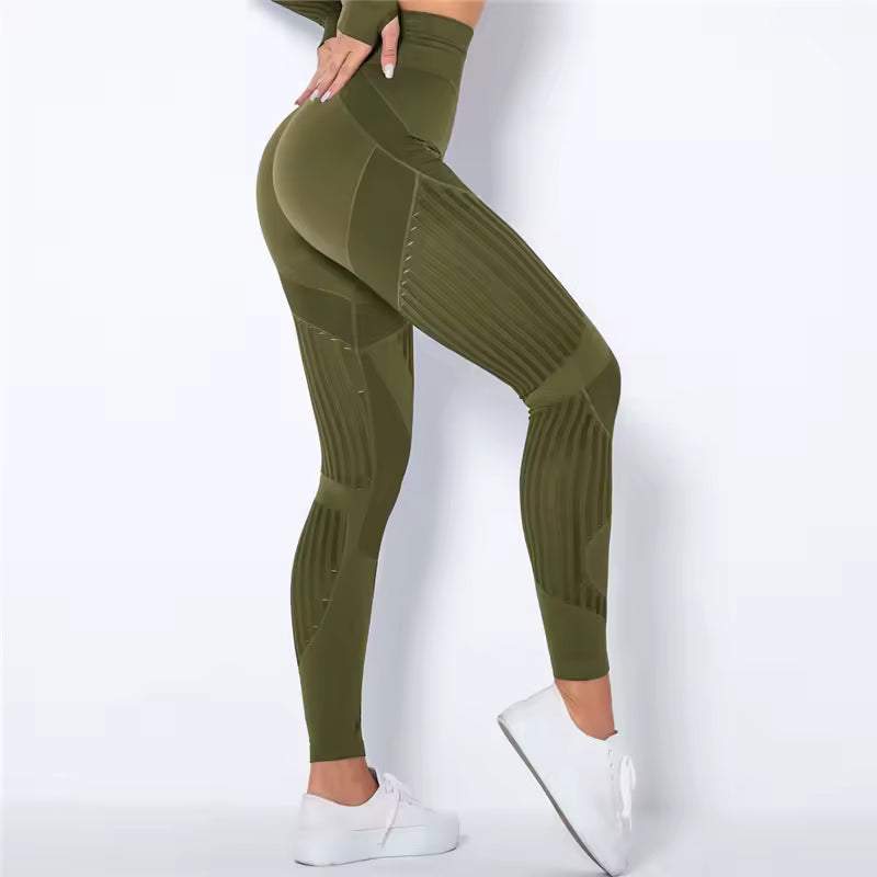 Trendy High Waist Stripe Seamless Elastic Tight Hollow Hip Lift Leggings Mssza