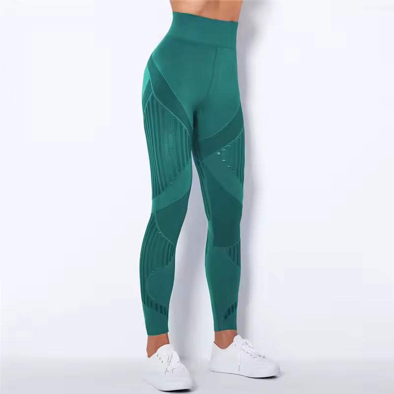 Trendy High Waist Stripe Seamless Elastic Tight Hollow Hip Lift Leggings Mssza