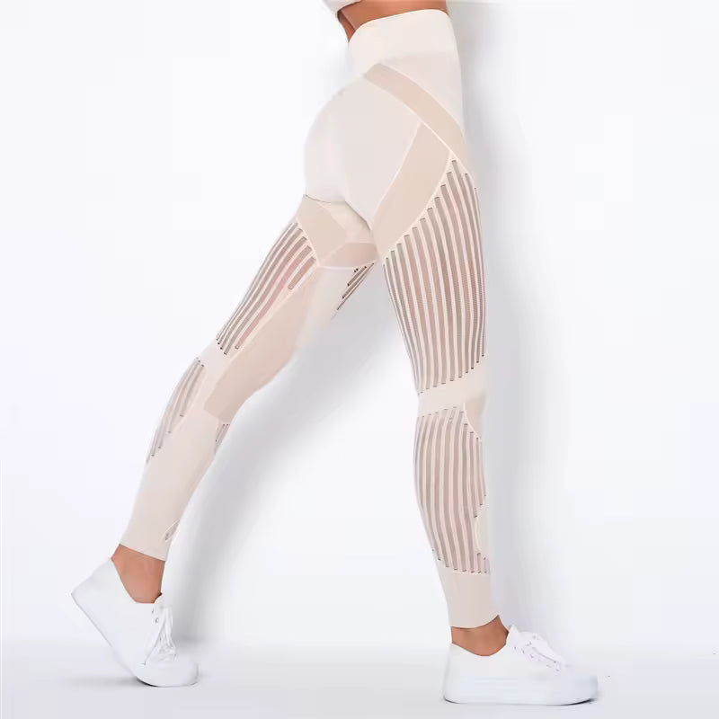 Trendy High Waist Stripe Seamless Elastic Tight Hollow Hip Lift Leggings Mssza