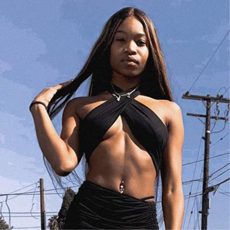 Trendy Hollow Out Cross Halter Corset Backless Slim Crop Tops Mssza