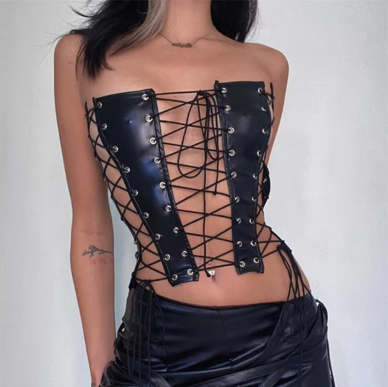 Trendy Hollow Out Night Club Leather Bandage Tube Top Mssza
