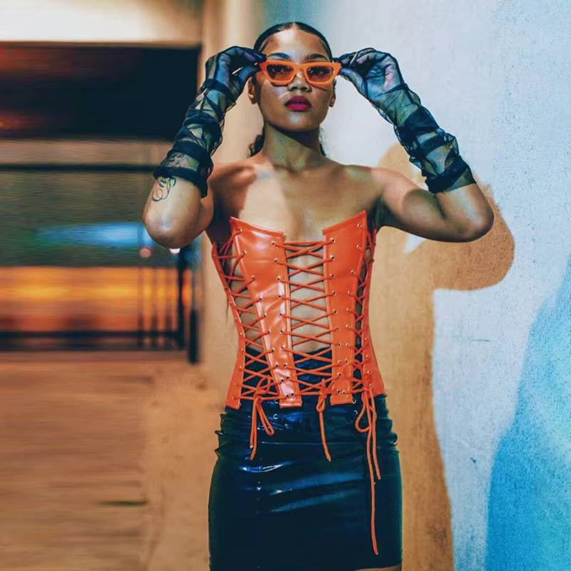 Trendy Hollow Out Night Club Leather Bandage Tube Top Mssza