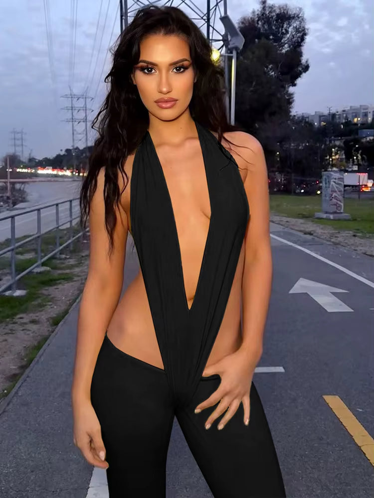 Trendy Irregular Hollow Bandage Halter Deep V-Neck Skinny Stretch Jumpsuits Mssza