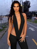 Trendy Irregular Hollow Bandage Halter Deep V-Neck Skinny Stretch Jumpsuits Mssza