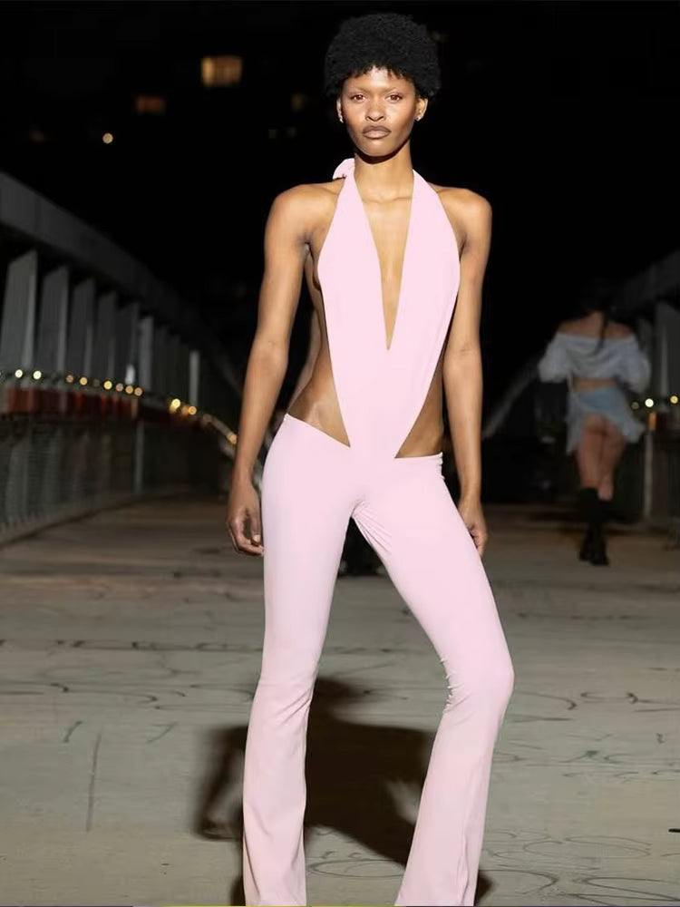 Trendy Irregular Hollow Bandage Halter Deep V-Neck Skinny Stretch Jumpsuits Mssza