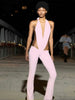 Trendy Irregular Hollow Bandage Halter Deep V-Neck Skinny Stretch Jumpsuits Mssza