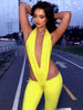 Trendy Irregular Hollow Bandage Halter Deep V-Neck Skinny Stretch Jumpsuits Mssza