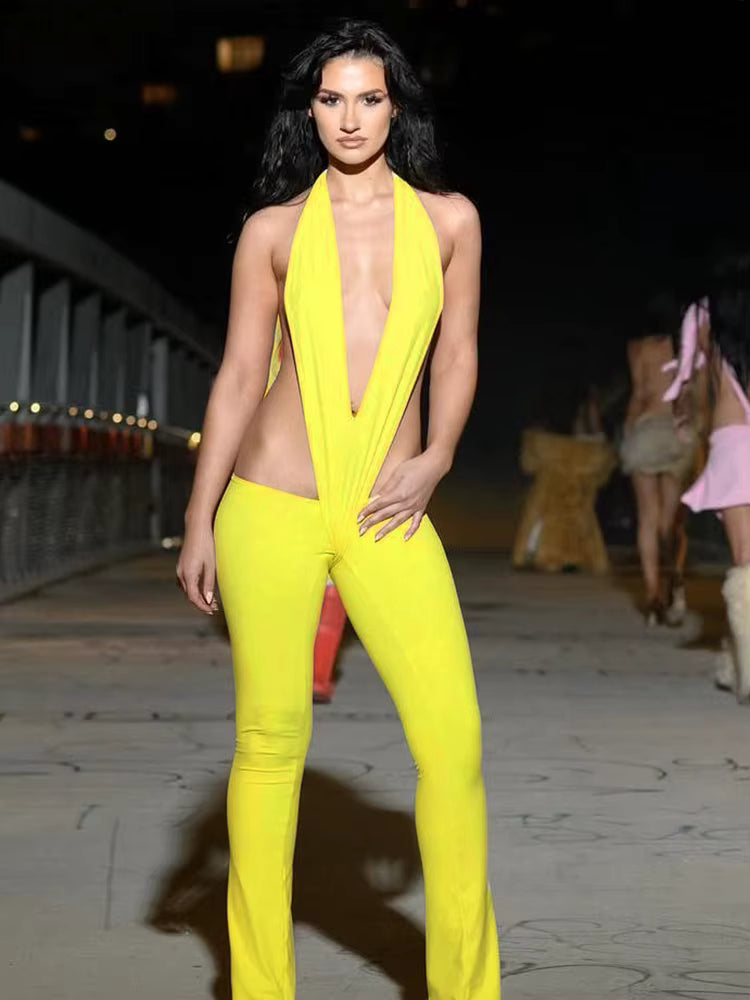 Trendy Irregular Hollow Bandage Halter Deep V-Neck Skinny Stretch Jumpsuits Mssza