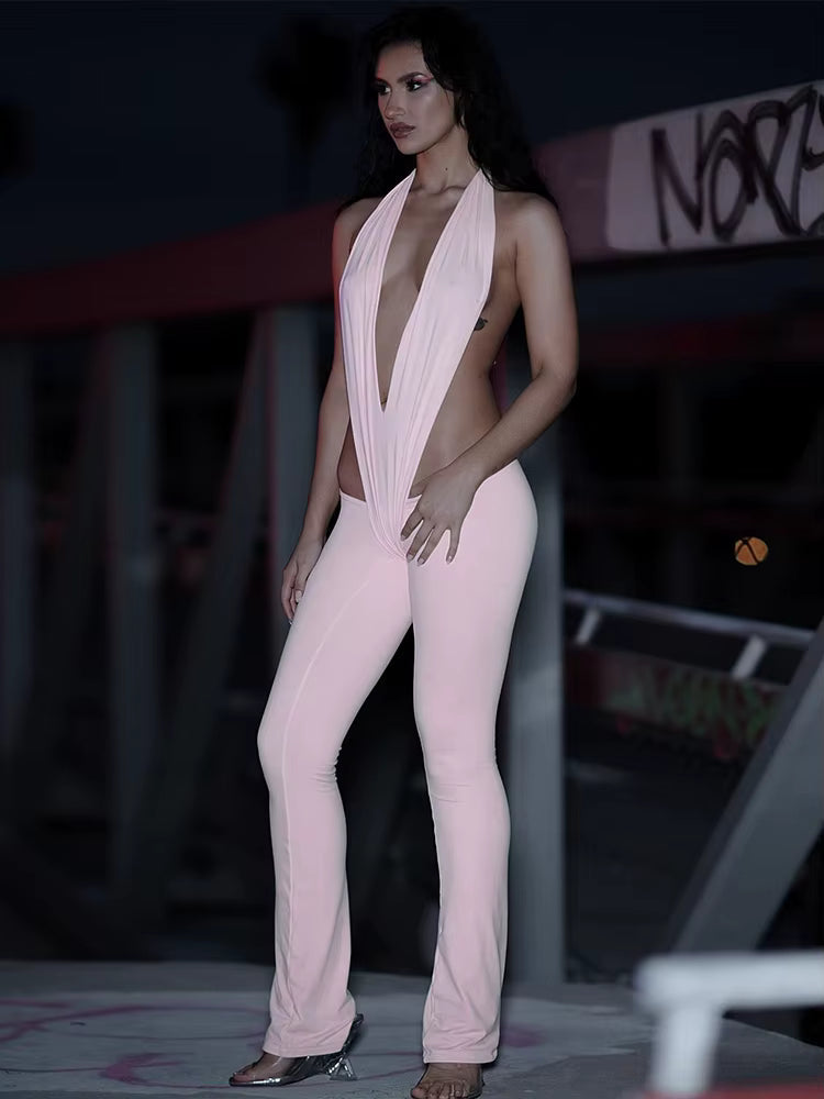 Trendy Irregular Hollow Bandage Halter Deep V-Neck Skinny Stretch Jumpsuits Mssza