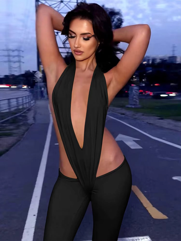 Trendy Irregular Hollow Bandage Halter Deep V-Neck Skinny Stretch Jumpsuits Mssza