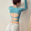 Trendy Knit Backless Hollow Long Sleeve Yoga Sports Top With Pads Mssza