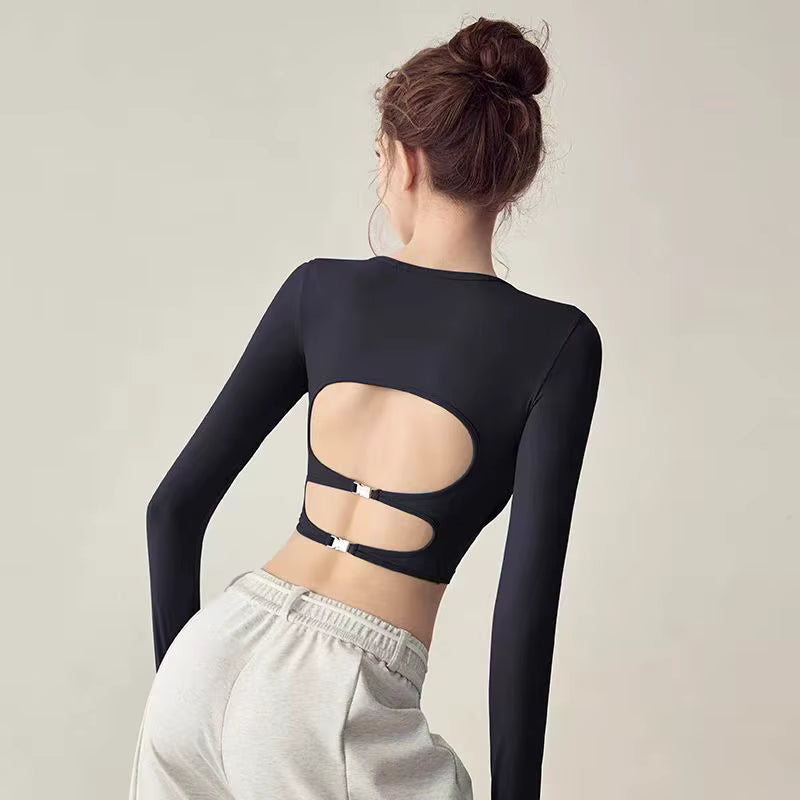 Trendy Knit Backless Hollow Long Sleeve Yoga Sports Top With Pads Mssza