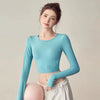 Trendy Knit Backless Hollow Long Sleeve Yoga Sports Top With Pads Mssza