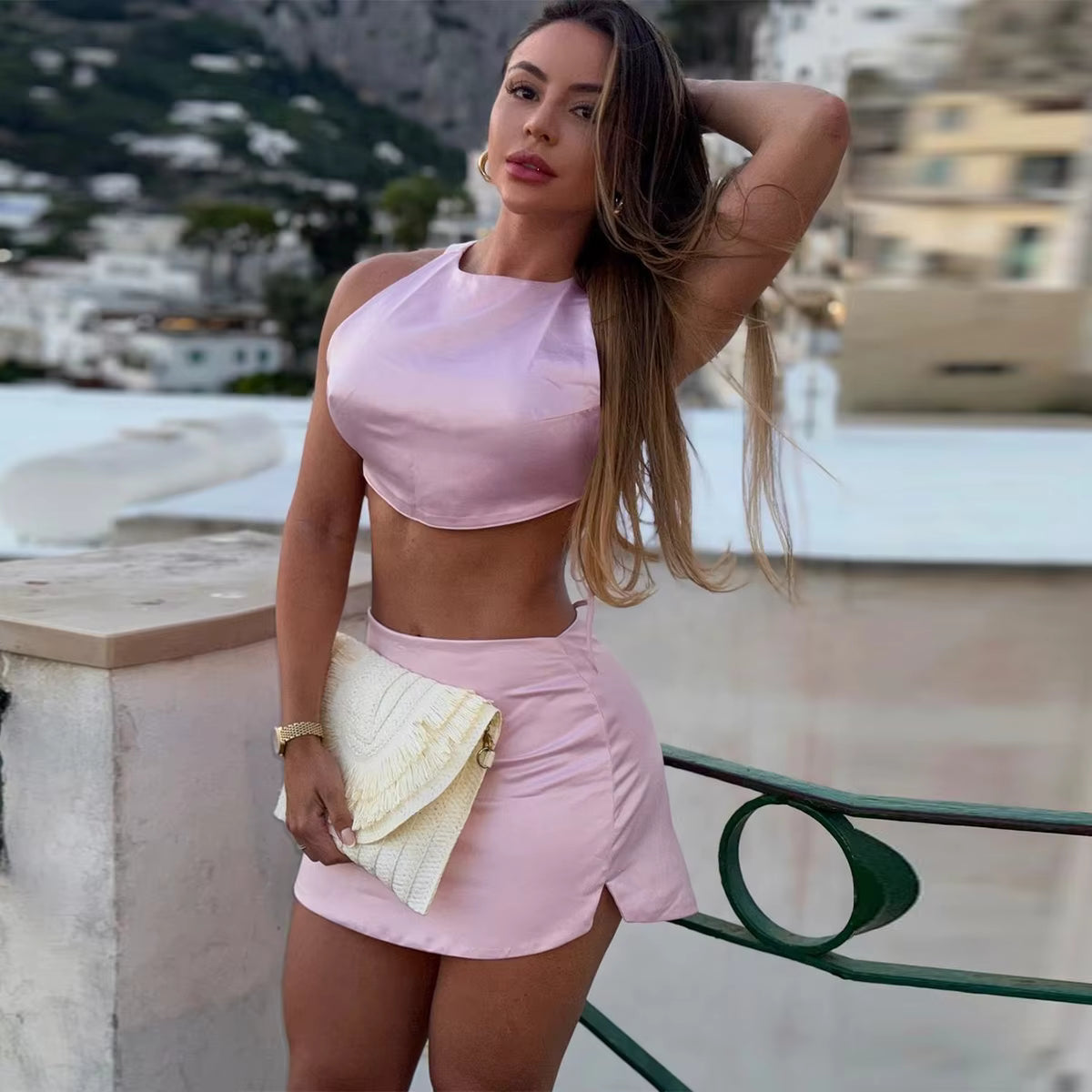 Trendy Lace Up Crop Top High Waist Slit Mini Skirts Two Piece Set Mssza