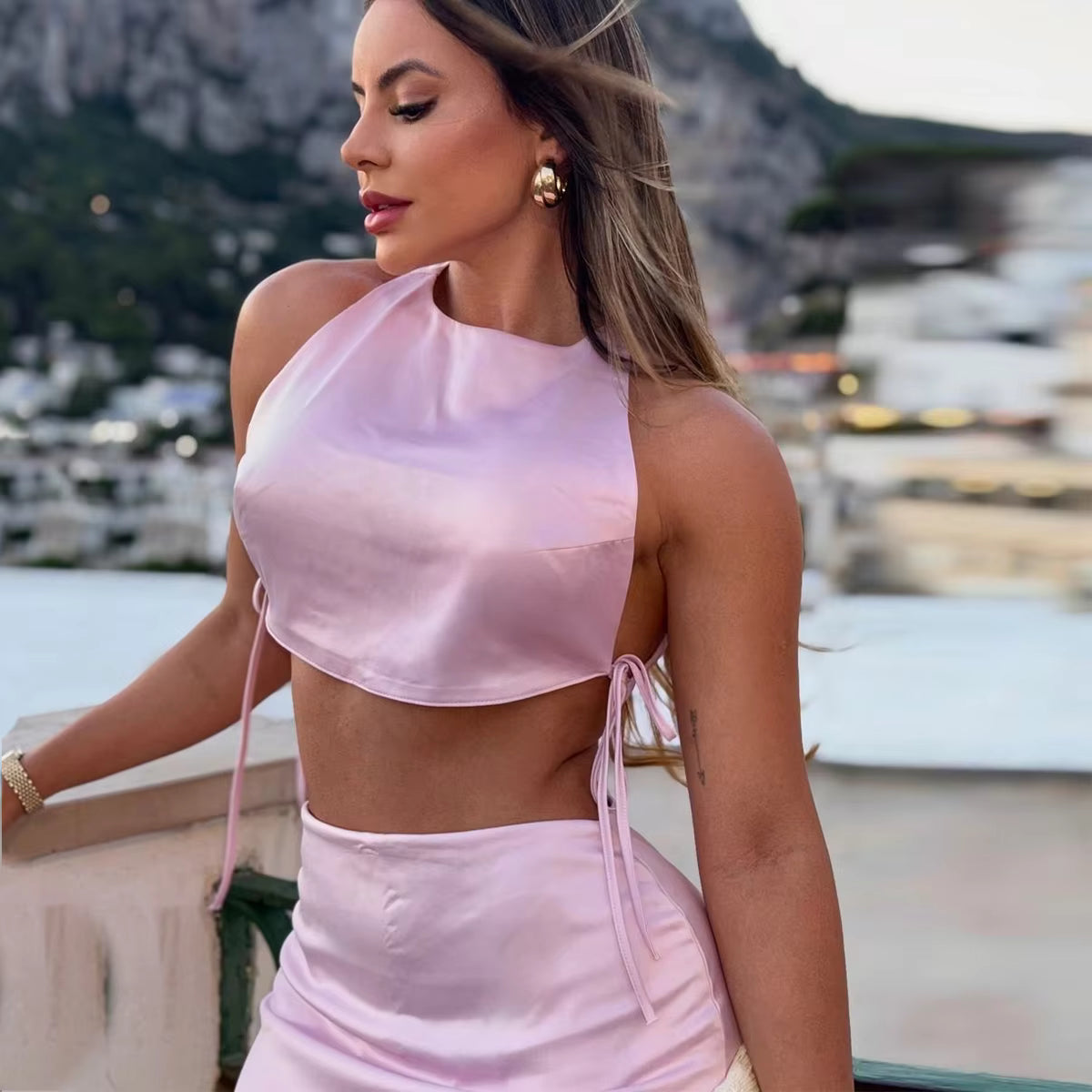 Trendy Lace Up Crop Top High Waist Slit Mini Skirts Two Piece Set Mssza