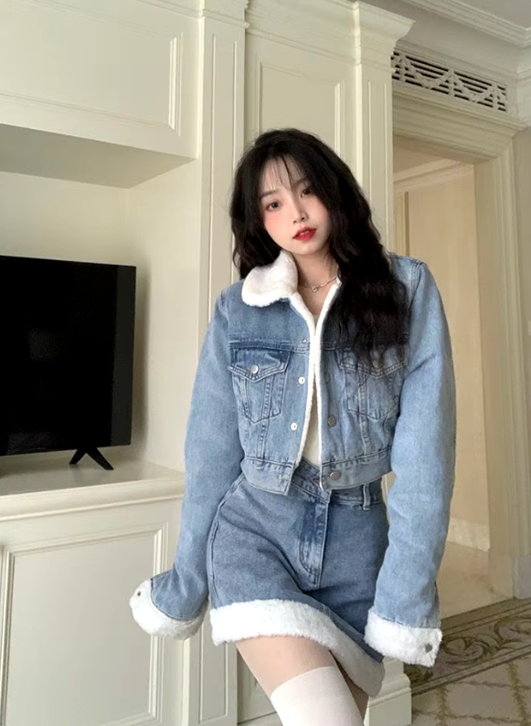 Trendy Lamb Wool Spliced Denim Short Sweet Cool Half Skirt Two Piece Set Mssza