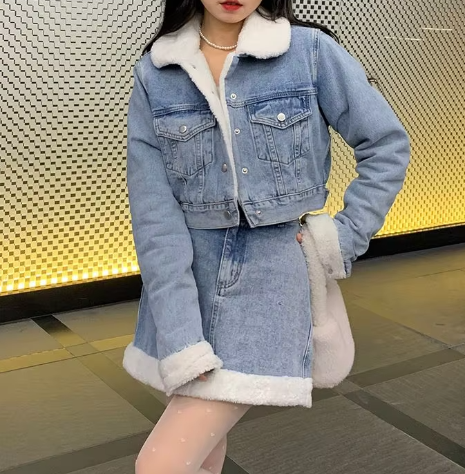 Trendy Lamb Wool Spliced Denim Short Sweet Cool Half Skirt Two Piece Set Mssza