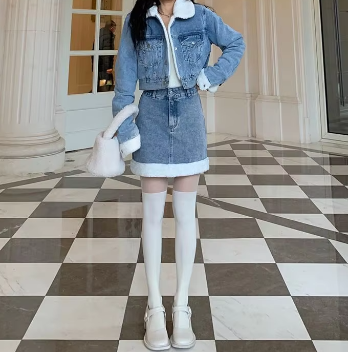 Trendy Lamb Wool Spliced Denim Short Sweet Cool Half Skirt Two Piece Set Mssza