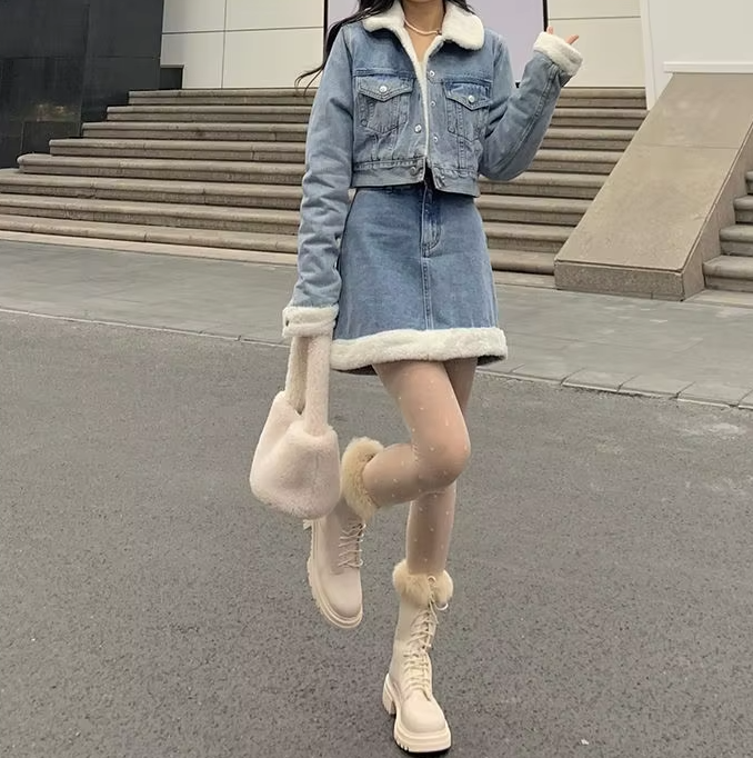 Trendy Lamb Wool Spliced Denim Short Sweet Cool Half Skirt Two Piece Set Mssza