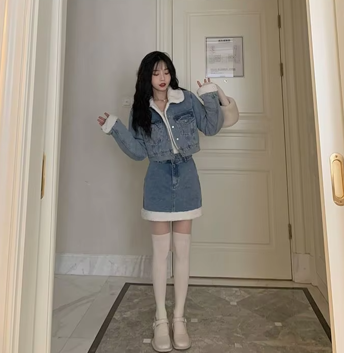Trendy Lamb Wool Spliced Denim Short Sweet Cool Half Skirt Two Piece Set Mssza