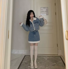 Trendy Lamb Wool Spliced Denim Short Sweet Cool Half Skirt Two Piece Set Mssza
