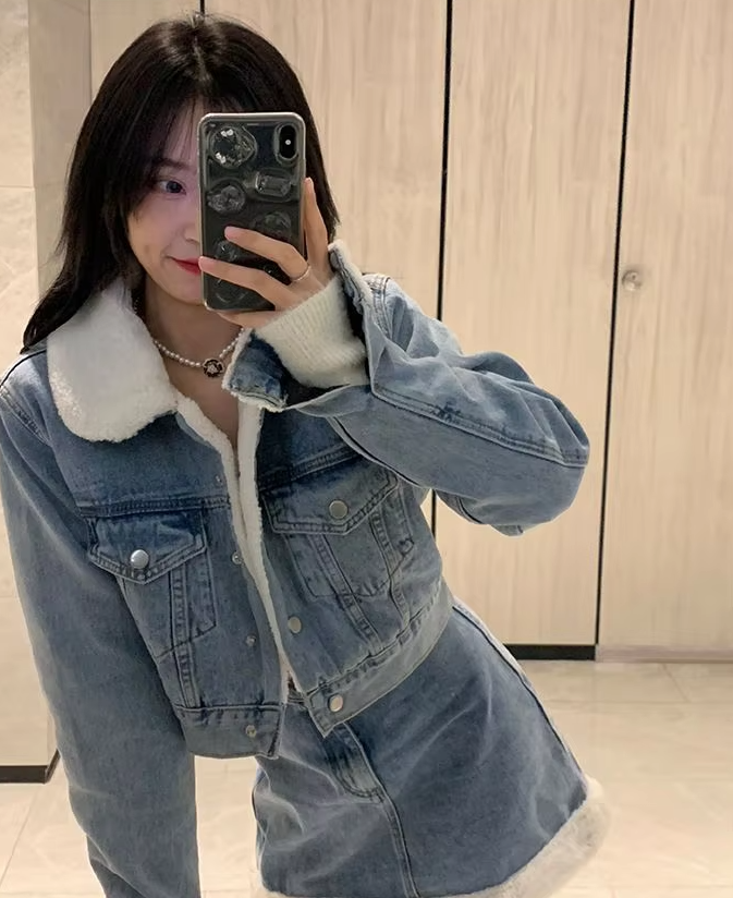 Trendy Lamb Wool Spliced Denim Short Sweet Cool Half Skirt Two Piece Set Mssza