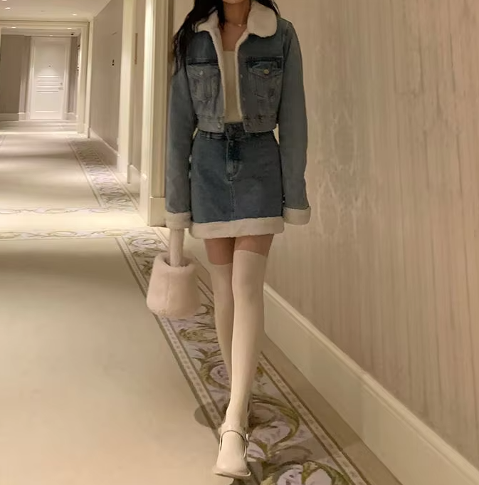 Trendy Lamb Wool Spliced Denim Short Sweet Cool Half Skirt Two Piece Set Mssza