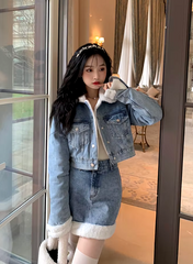 Trendy Lamb Wool Spliced Denim Short Sweet Cool Half Skirt Two Piece Set Mssza