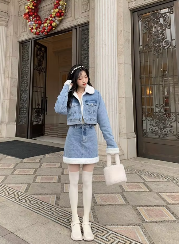 Trendy Lamb Wool Spliced Denim Short Sweet Cool Half Skirt Two Piece Set Mssza