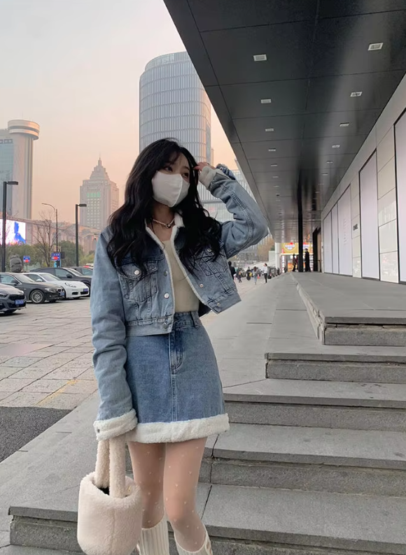 Trendy Lamb Wool Spliced Denim Short Sweet Cool Half Skirt Two Piece Set Mssza