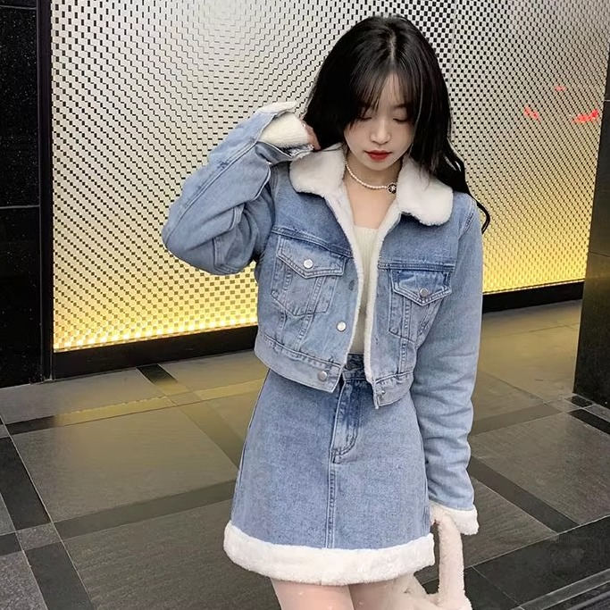 Trendy Lamb Wool Spliced Denim Short Sweet Cool Half Skirt Two Piece Set Mssza