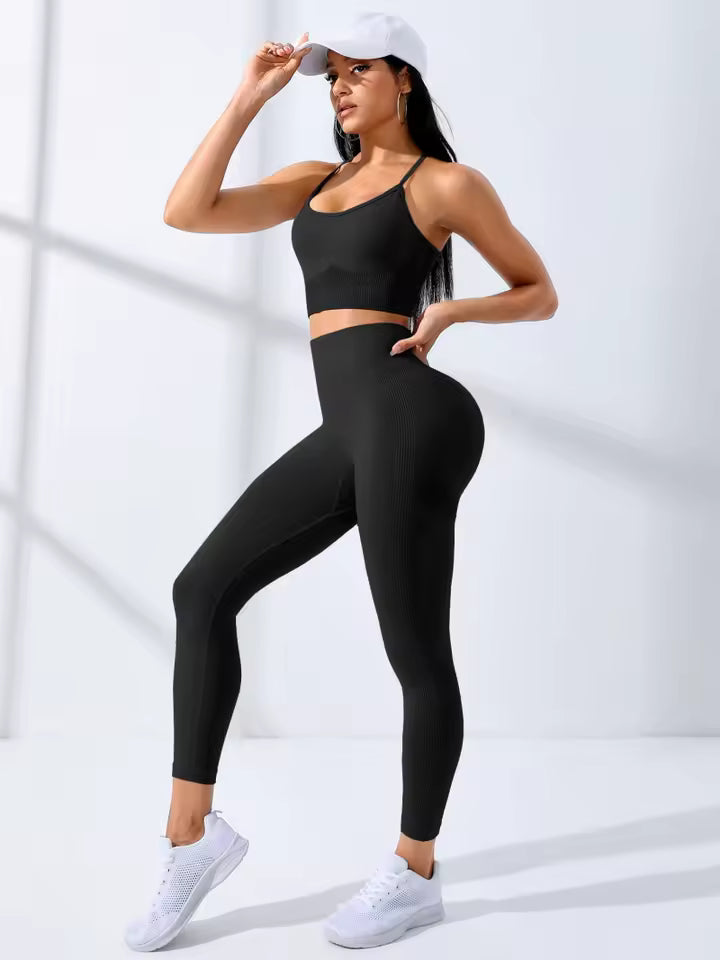 Trendy Leggings And Thin Shoulder Strap Stretch Sports Bra 2 Piece Set Yoga Set Mssza