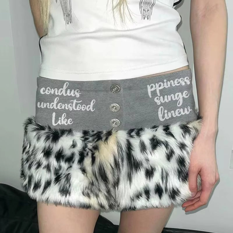 Trendy Letter Print Leopard Fur Patchwork Mini Skirts Mssza