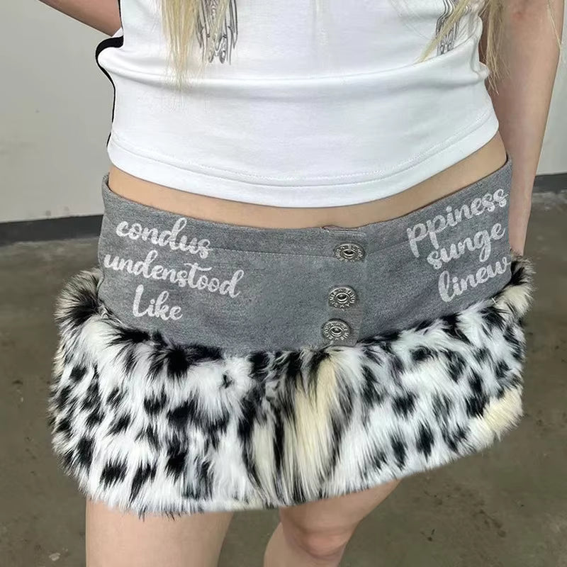 Trendy Letter Print Leopard Fur Patchwork Mini Skirts Mssza