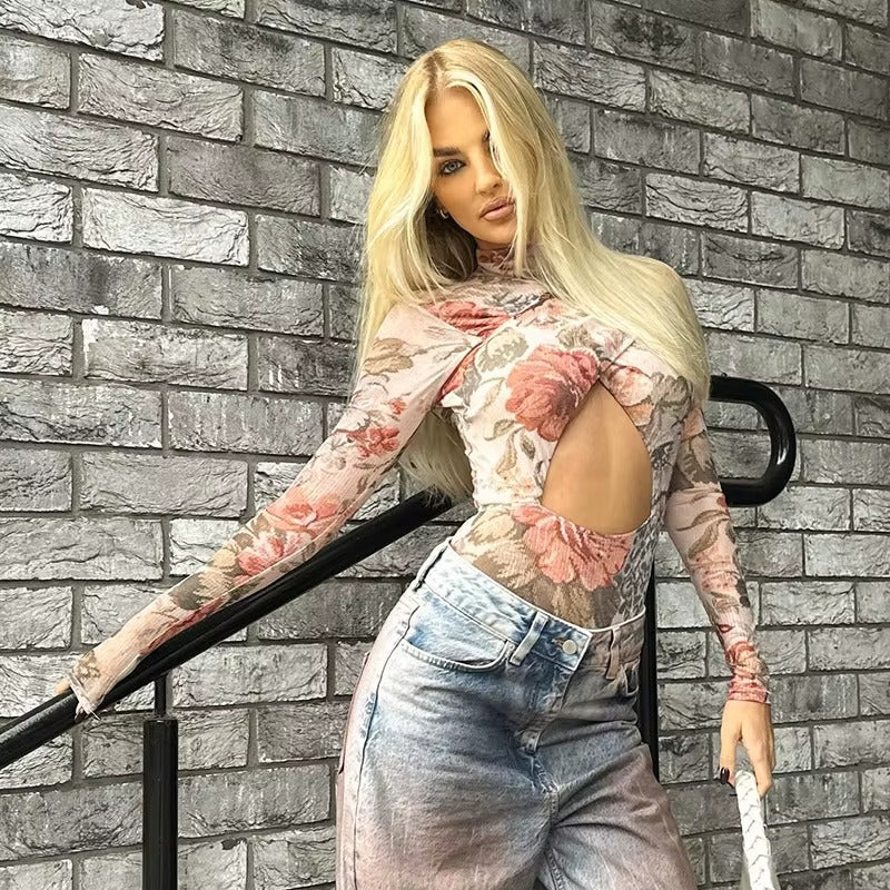 Trendy Long Sleeve Slim Fit Shorts Hollow Out Bodysuit Mssza