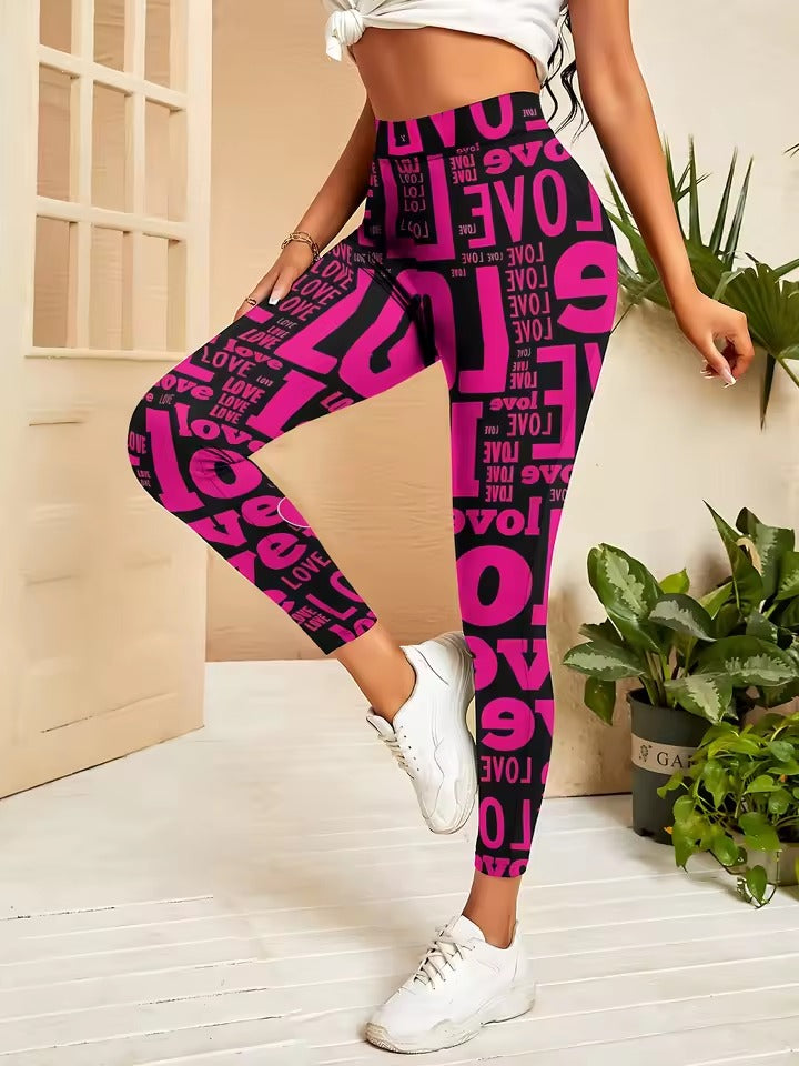 Trendy Love Letter Pattern Printing Fitness Middle Waist Leggins Mssza