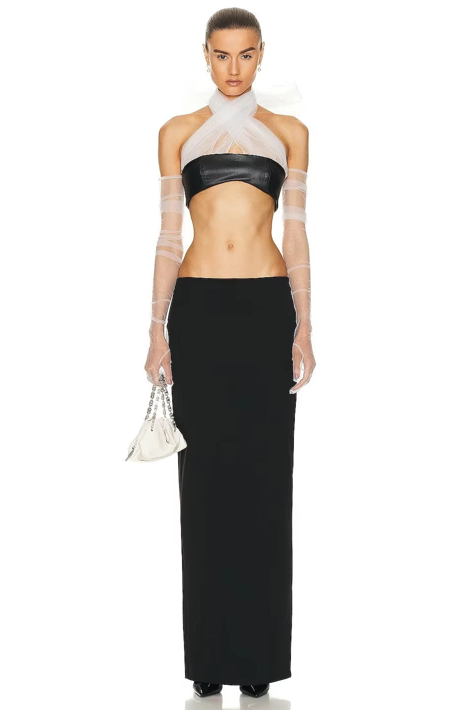 Trendy Mesh Gloves Bodycon Bandage Long Skirts 3 Pieces Set Mssza