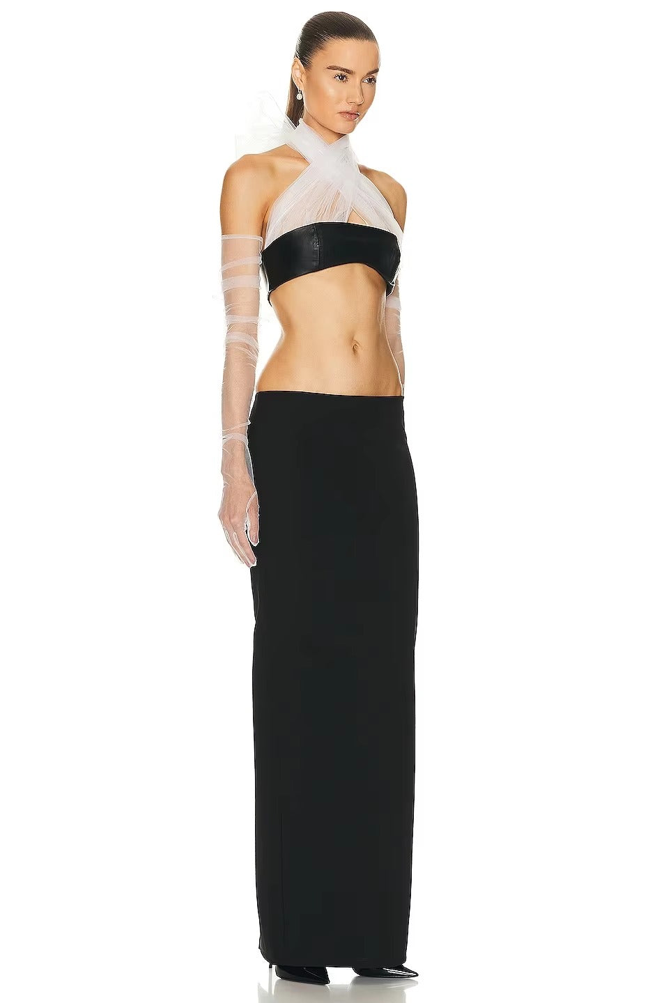Trendy Mesh Gloves Bodycon Bandage Long Skirts 3 Pieces Set Mssza