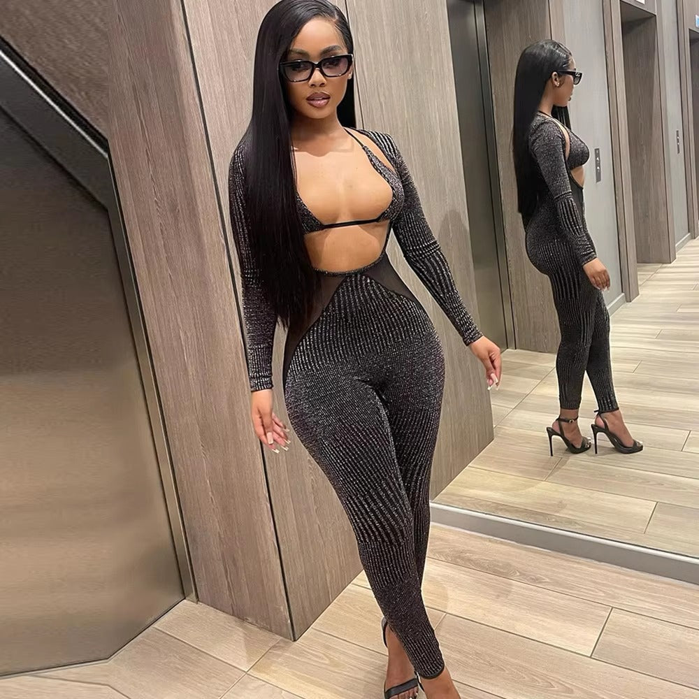 Trendy Mesh Patchwork Overalls for Cut Out Skinny Jumpsuit With Underwear Bra Mssza