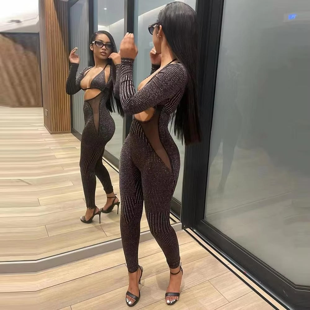 Trendy Mesh Patchwork Overalls for Cut Out Skinny Jumpsuit With Underwear Bra Mssza