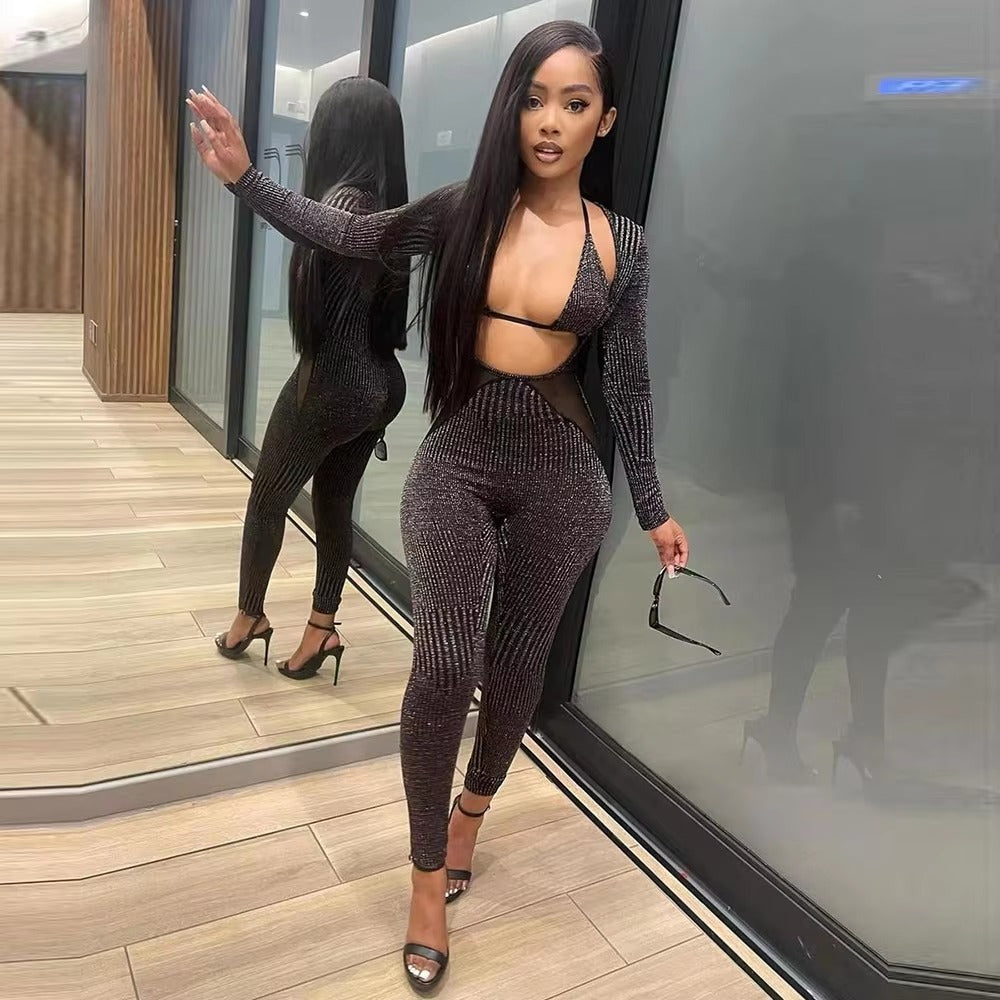 Trendy Mesh Patchwork Overalls for Cut Out Skinny Jumpsuit With Underwear Bra Mssza