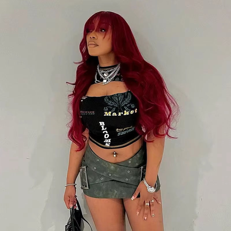 Trendy O-Neck Aesthetic Letter Printed Short Sleeve Hollow Out Crop Top Mssza