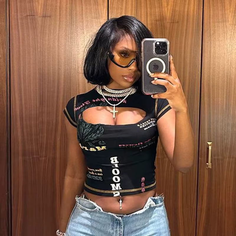Trendy O-Neck Aesthetic Letter Printed Short Sleeve Hollow Out Crop Top Mssza