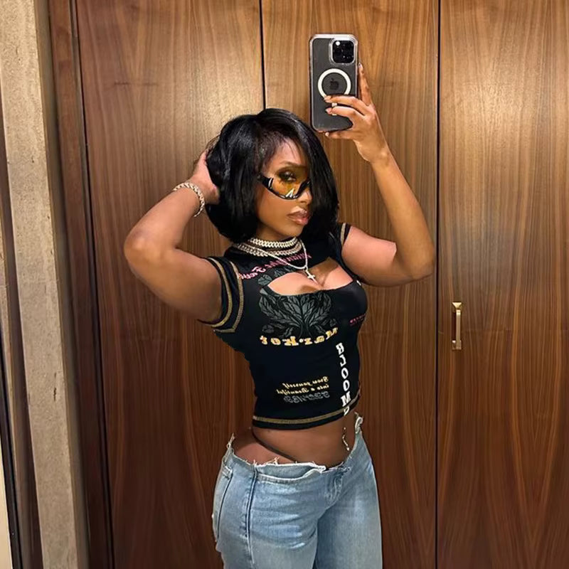 Trendy O-Neck Aesthetic Letter Printed Short Sleeve Hollow Out Crop Top Mssza