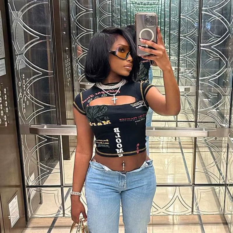 Trendy O-Neck Aesthetic Letter Printed Short Sleeve Hollow Out Crop Top Mssza