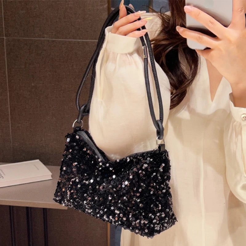 Trendy Polyester With Sequins Versatile Single Shoulder Small Handbag Mssza