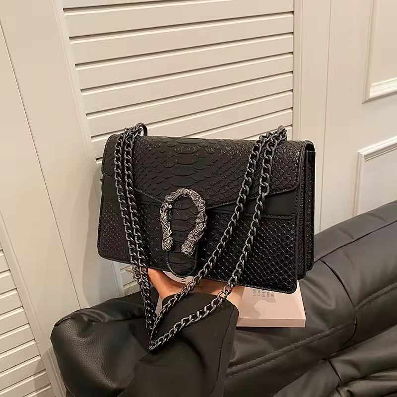 Trendy Retro Style Snake Pattern Crossbody Small Square Chain Shoulder Bag Mssza