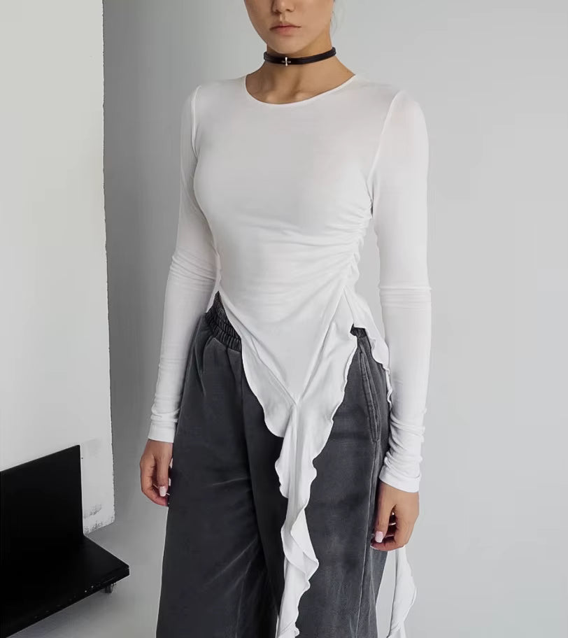 Trendy Ruffled Patchwork Pullover Knit Slim T-shirt Mssza