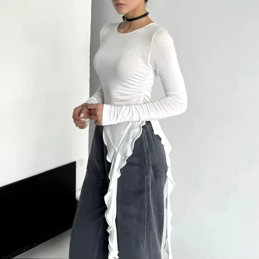 Trendy Ruffled Patchwork Pullover Knit Slim T-shirt Mssza